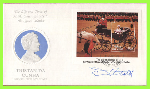 Tristan Da Cunha 1985 Queen Mother mini Sheet on First Day Cover, Signed by Designer of the sheet, A D Theobald