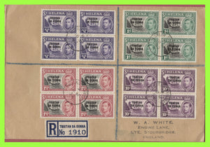 Tristan Da Cunha 1952 KGVI ½d, 1d, 1½d and 10/- blocks on registered Cover to England