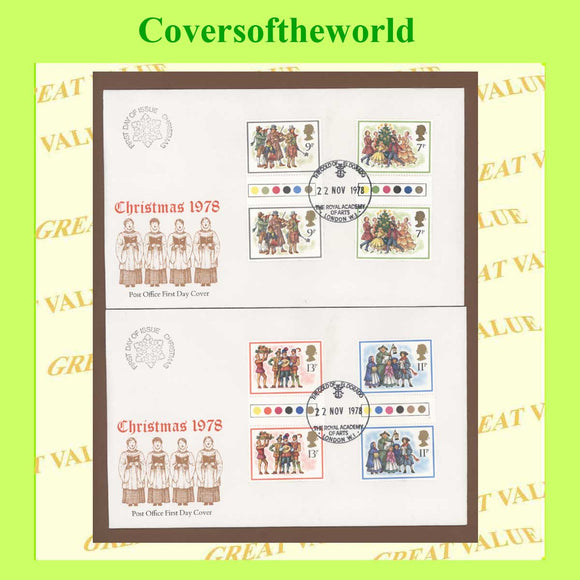 G.B. 1978 Christmas Gutter Pairs set on two Post Office First Day Covers, Royal Academy