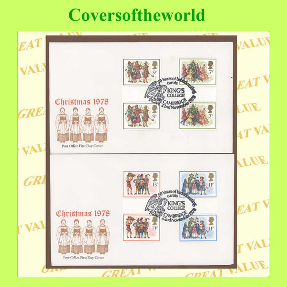G.B. 1978 Christmas Gutter Pairs set on two Post Office First Day Covers, Kings College Cambridge