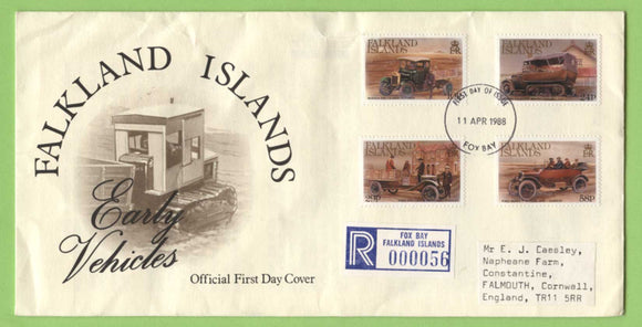 Falkland Islands 1988 Early Vehicles set on registered Fox Bay First Day Cover