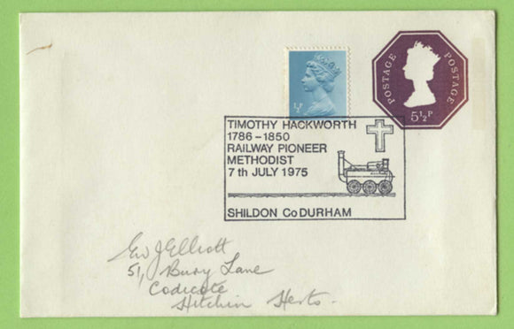 G.B. 1975 Timothy Hackworth (Methodist Railway Pioneer cancel on uprated P.S. card