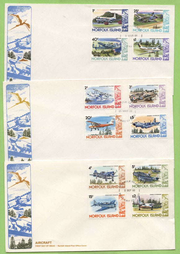 Norfolk Island 1980/81 Aircrafts definitives on three covers (not set)