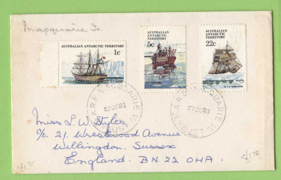 Australian Antarctic 1980 1c, 5c and 22c Ships definitives on cover to England, MacQuarie