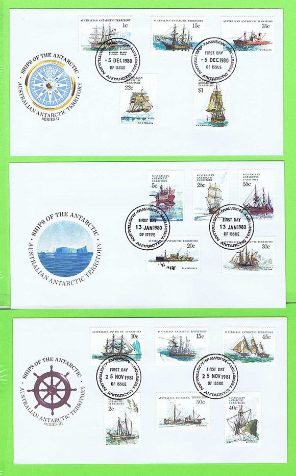 Australian Antarctic 1980/1982 Ship definitives on three First Day Covers, Mawson