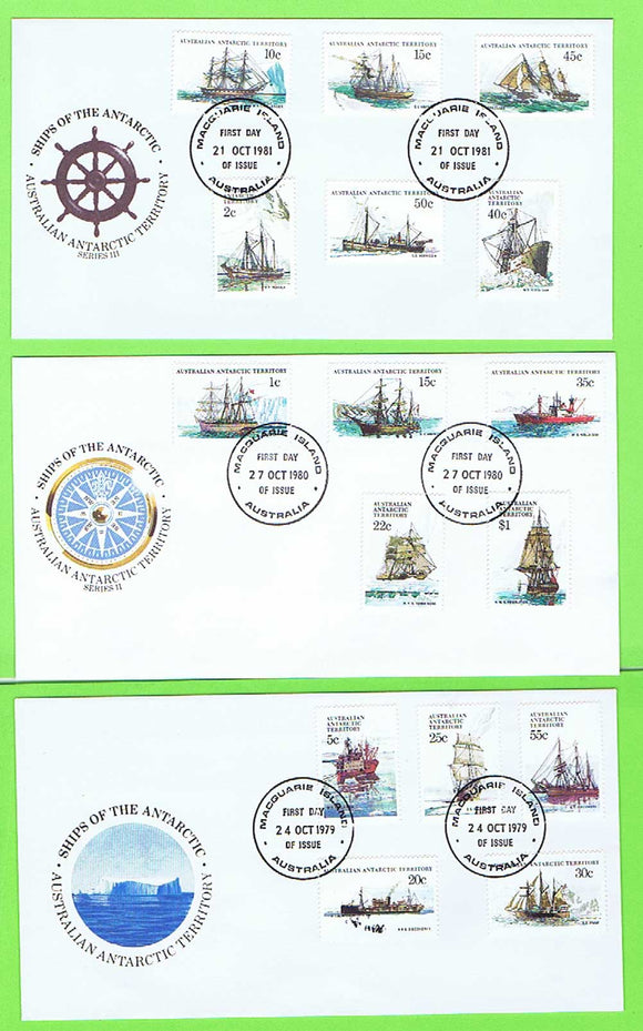 Australian Antarctic 1980/1982 Ship definitives on three First Day Covers, MacQuarie Island