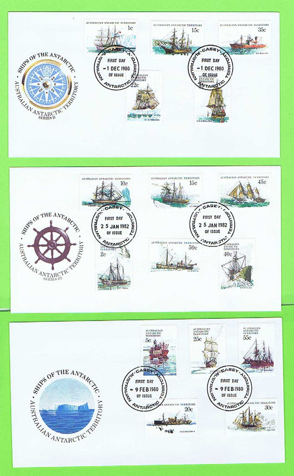 Australian Antarctic 1980/1982 Ship definitives on three First Day Covers, Casey