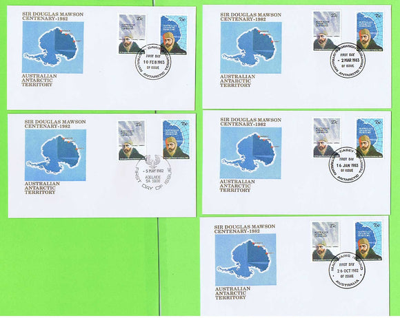 Australian Antarctic 1982 Birth Centenary of Sir Douglas Mawson five diff. First Day Covers