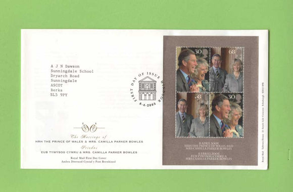 G.B. 2005 Royal Wedding miniature sheet on Royal Mail First Day Cover, Windsor