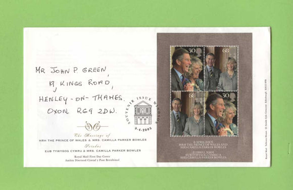 G.B. 2005 Royal Wedding miniature sheet on Royal Mail First Day Cover, Windsor (hand written)