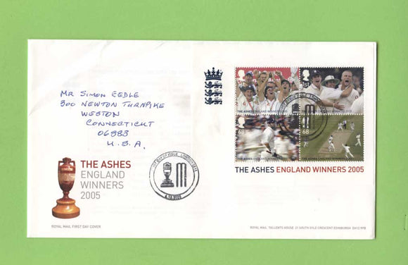 G.B. 2005 Ashes Cricket miniature sheet on Royal Mail First Day Cover, London SE11 (hand written)