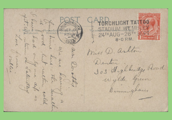 G.B. 1925 KGV 1d on postcard used. 'Torchlight Tattoo' Wembley Stadium cancel