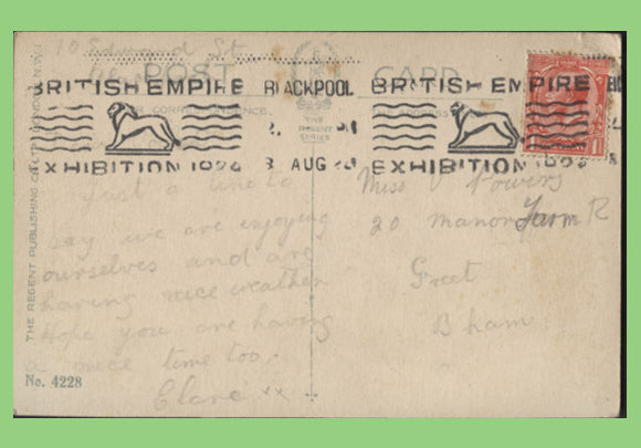 G.B. 1924 KGV 1d on postcard used. 'British Empire Exhibition' Blackpool machine cancel