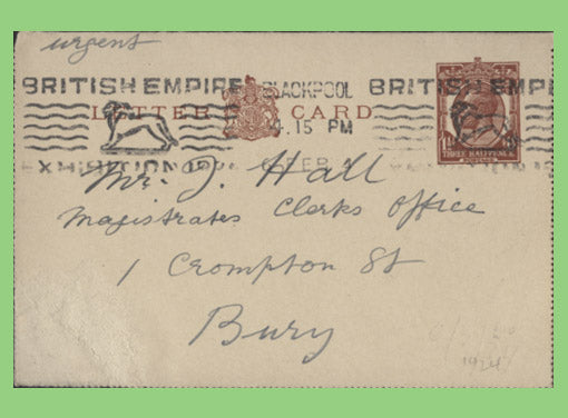 G.B. 1924 ½d postal stationery. letter card used. 'British Empire Exhibition' Blackpool machine cancel