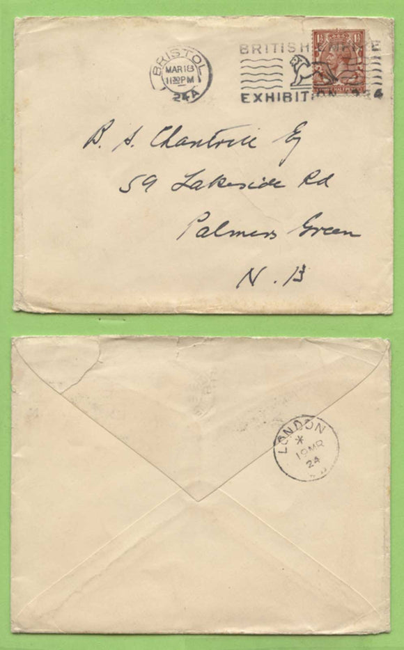 G.B. 1924 KGV 1½d on cover with Bristol 'British Empire Exhibition 1924' cancel