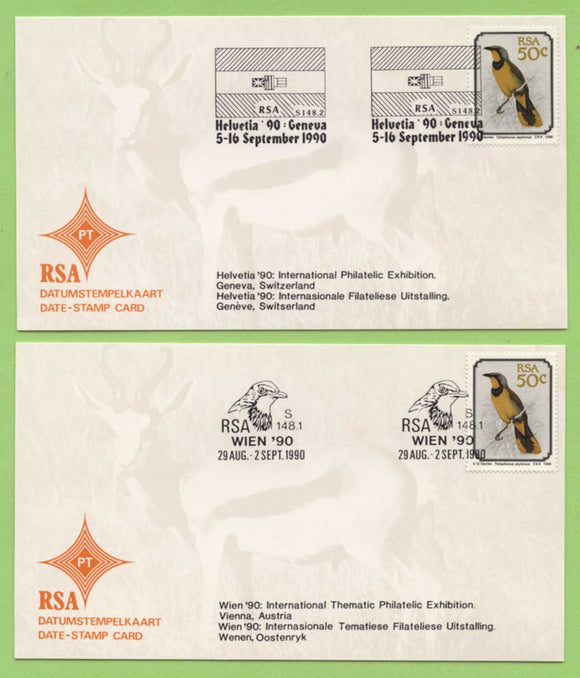 South Africa 1990 2 x 50 c Date Stamp Cards with different cancels