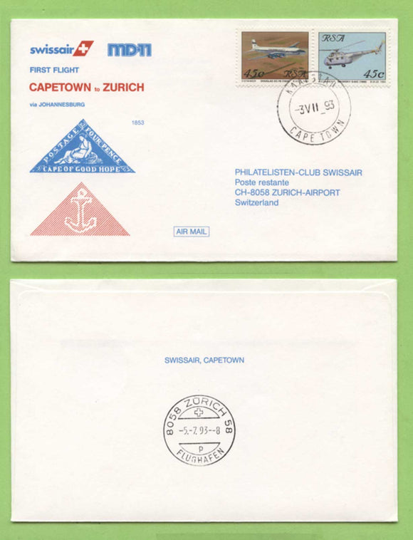 South Africa 1993 Swissair First Flight Cover, Capetown to Zurich