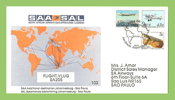South Africa 1994 SAA/SAL Flight Cover, Johannesburg to Sao Paulo