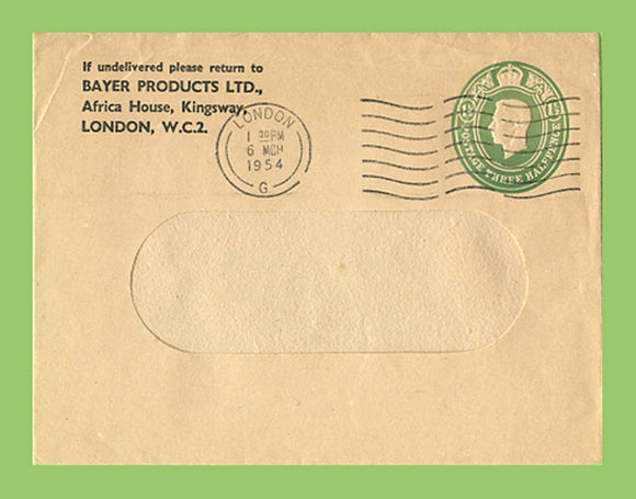 G.B 1954 KGVI 1½d 'Bayer Products' postal stationery envelope used, London