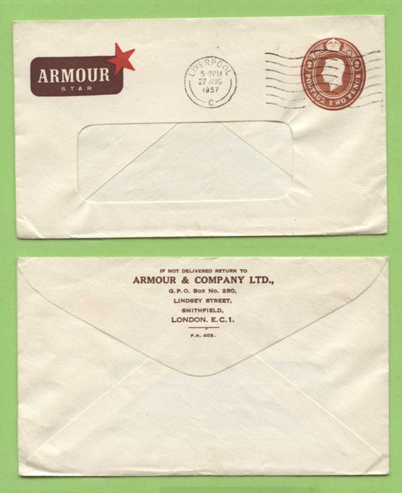 G.B 1957 KGVI 2d 'Armour Star' postal stationery envelope used, Liverpool