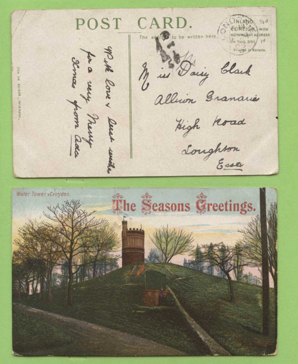 G.B 1905 Seasons Greetings PPC with Postage Due cancel