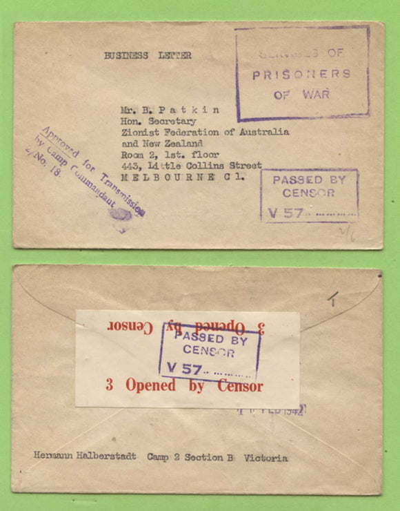 Australia 1942 Prisoner of War censored cover to Zionist Federation in Melbourne