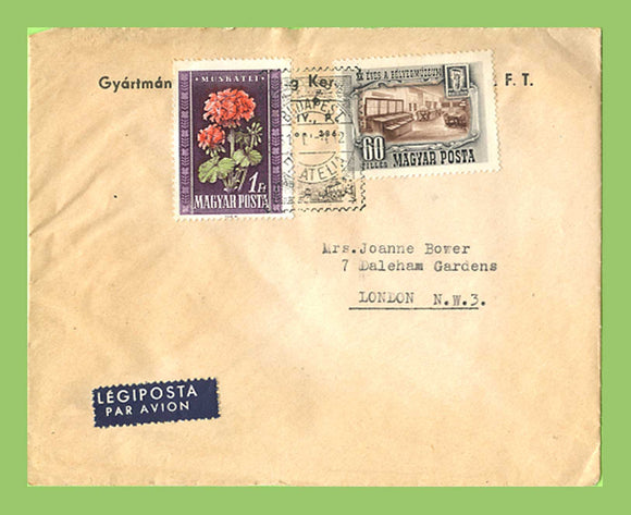 Hungary 1952 60ft Museum and 1Ft Flowers on airmail cover to London