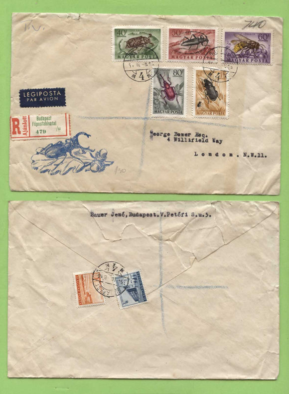Hungary 1954 Insects part set on registered cover to London