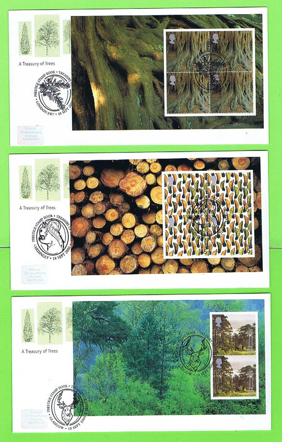 G.B. 2000 Treasury of Trees booklet panes on five Royal Mail First Day Covers, Bureau