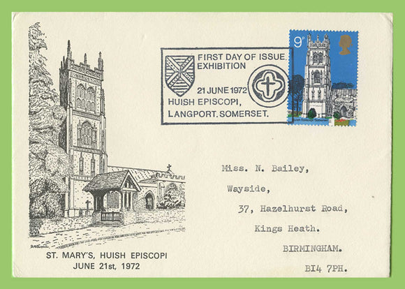 G.B. 1972 9p Church on official St Marys, Huish Episcopi First Day Cover