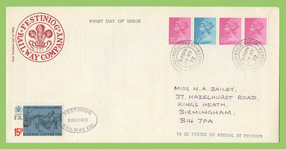 G.B. 1972 Booklet stamp Definitives on Festiniog Railway Letter Fee First Day Cover