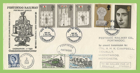 G.B. 1969 Investiture set on Festiniog Railway Letter Fee First Day Cover, Caernarvon