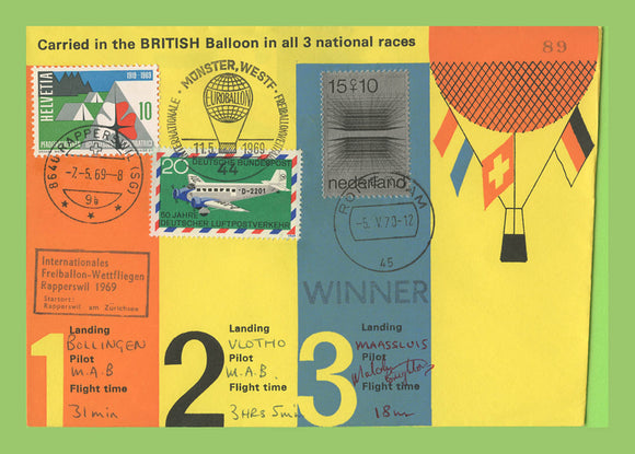 Switzerland/Germany/Netherlands 1969 tri cancel British Balloon Flight Cover