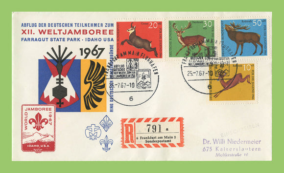 Germany 1967 World Scout Jamboree, Idaho USA, four animal stamps reg. cover