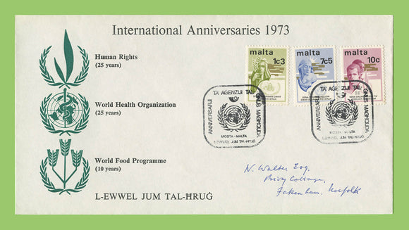 Malta 1973 United Nations set on First Day Cover, Mosta