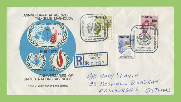 Malta 1973 United Nations set on registered First Day Cover, Valletta