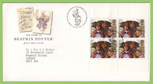 G.B. 1993 Beatrix Potter, 4 x 1st class booklet pane on Royal Mail First Day Cover, Bureau