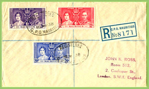Mauritius 1937 KGVI Coronation set on registered cover