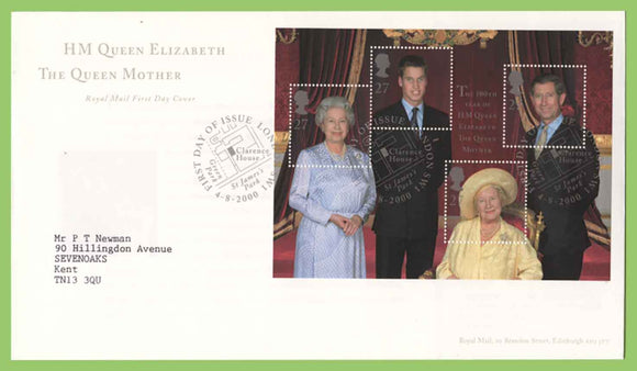 G.B. 2000 Queen Mother miniature sheet on Royal Mail First Day Cover, London SW1