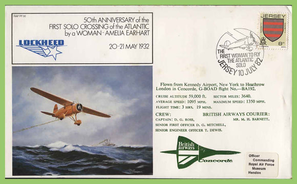 Jersey 1982 50th Anniversary of Solo Atlantic Crossing by Amelia Earhart, RAF FF38