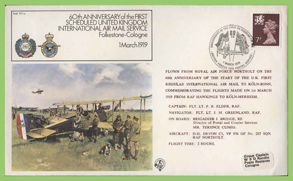 G.B. 1979 60th Anniversary RAF Flight Folkstone - Cologne, Flown cover