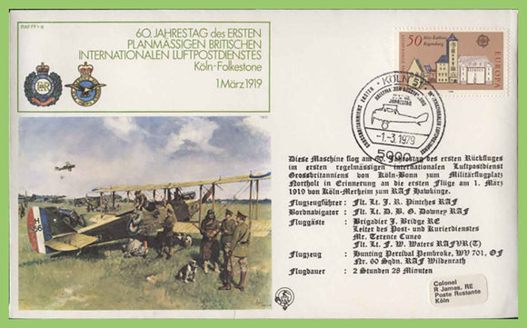 Germany1979 60th Anniversary RAF Flight Cologne - Folkstone Flown cover