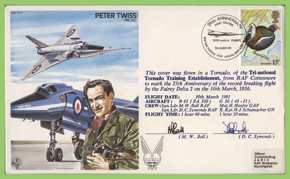 G.B. 1981 Test Pilot, 'Peter Twiss' RAF Cottesmore flown and signed cover, TP17