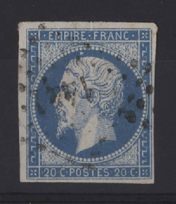 France 1854 20c Napoleon blue, White dot above head variety used, YT14b