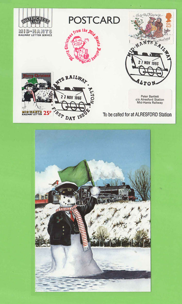G.B. 1993 Christmas Letter Fee postcard. Mid Hants Railway
