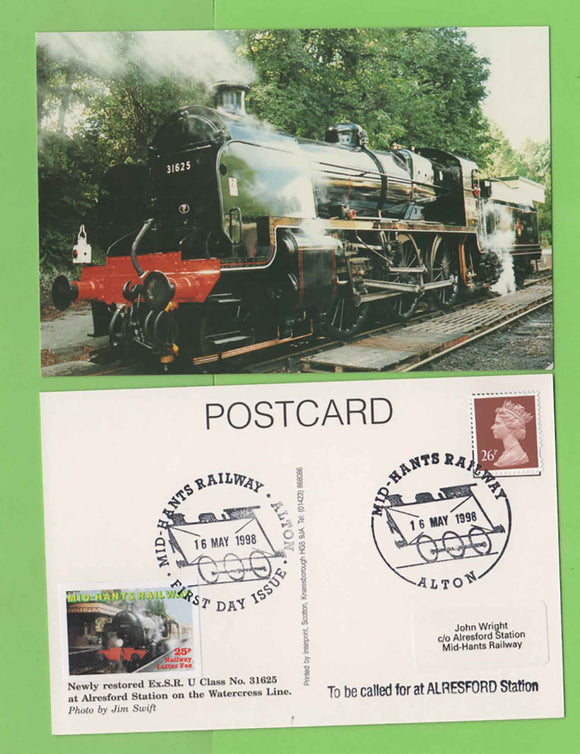 G.B. 1998 Newly restored Ex.S.R. U Class No 31625 Engine, postcard. Mid Hants Railway