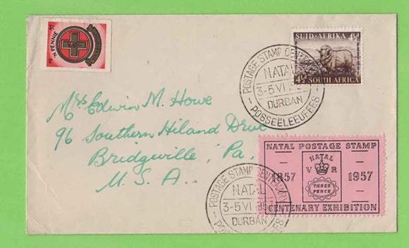 South Africa 1957 Natal Postage Stamp Centenary Exhibition label tied on cover with Special Cancel
