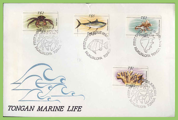 Tonga  1984 Marine Life Self adhesives, four top values on First Day Cover