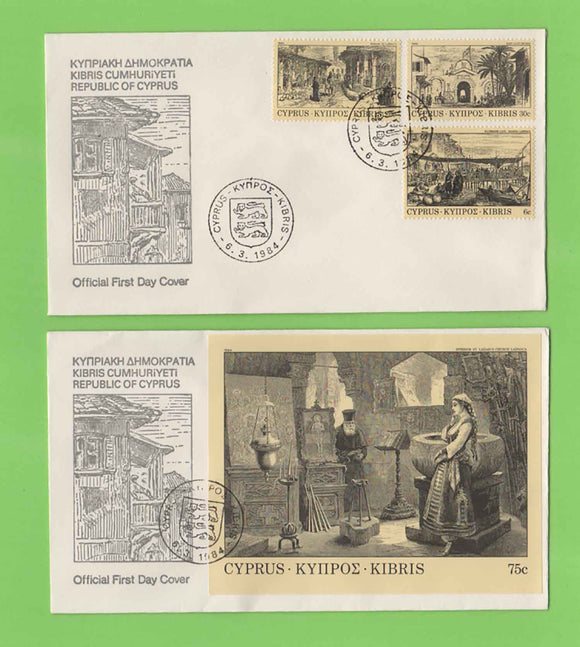 Cyprus 1984 Old Engravings set & miniature sheet on two First Day Covers