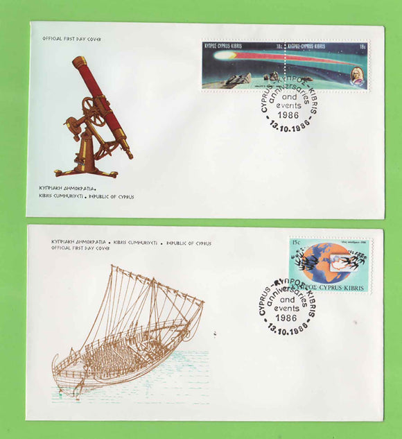Cyprus 1986 Anniversaries, Halleys Comet/Cypriots Abroad set on two First Day Covers